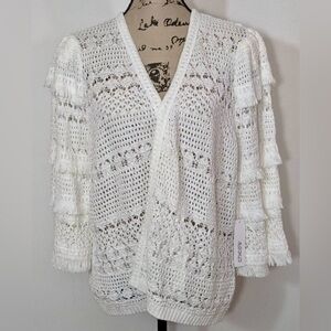 Chico’s‎ Women’s White Tier Sleeve Fringe Cha Cha Sleeve Cardigan Sz Med (1)